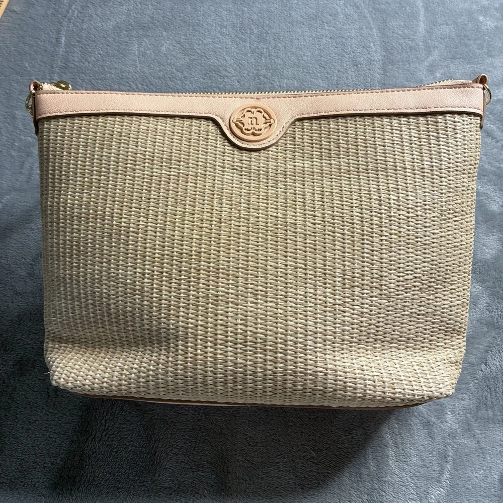 Nanette Lepore Woven Straw Vegan Leather Gold Chain Shoulder‎ Bag Classic Peach